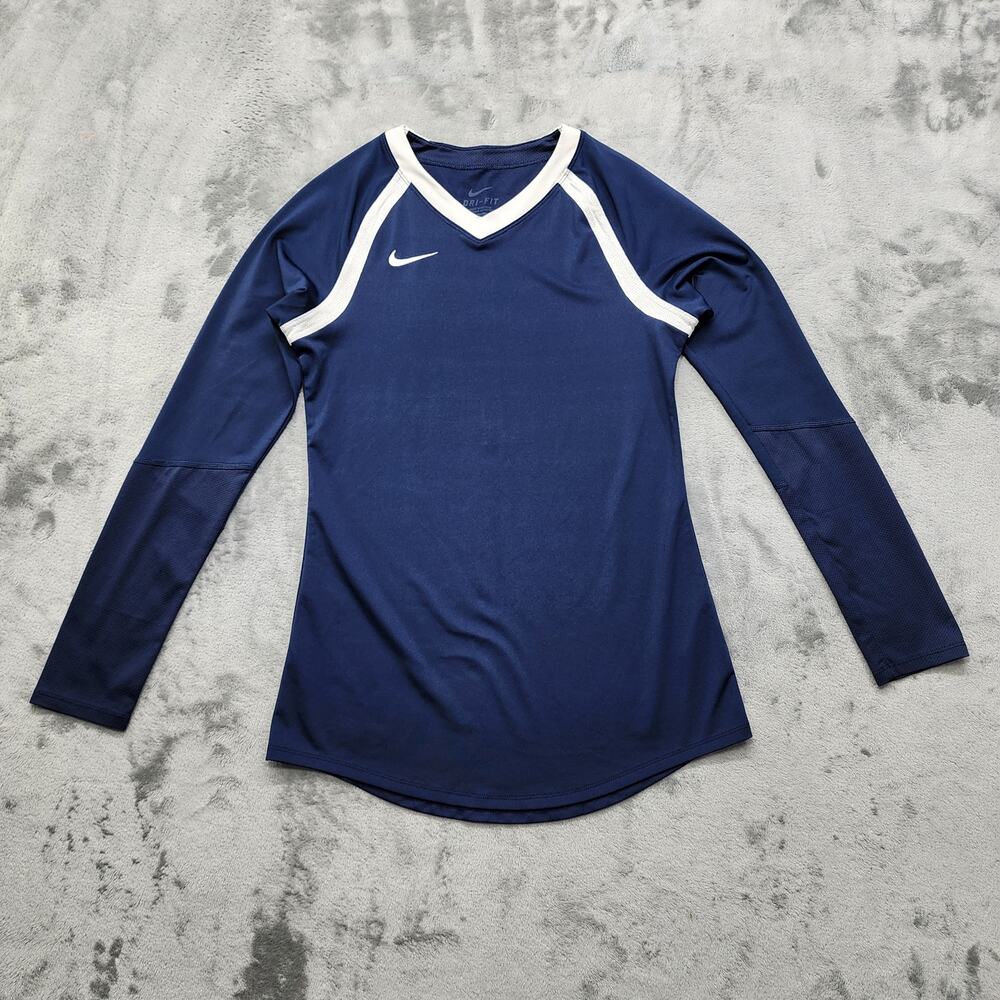 Nike Top Womens S Blue White Agility Long Sleeve V-Neck Logo Jersey Volleyball